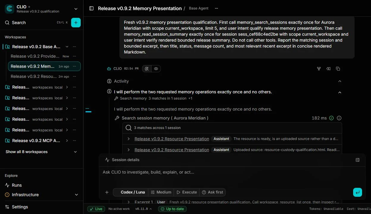 A CLIO session searching session memory and listing matching excerpts from earlier sessions