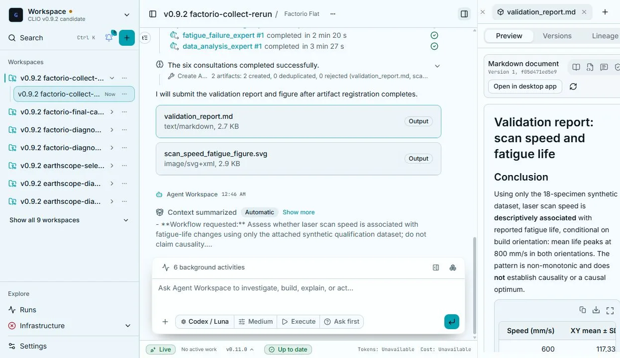 A CLIO session where several expert agents completed in parallel and produced a validation report shown in the side panel
