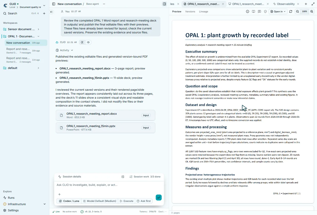 A CLIO session reviewing a three-page OPAL Word report with the rendered first page open beside the answer