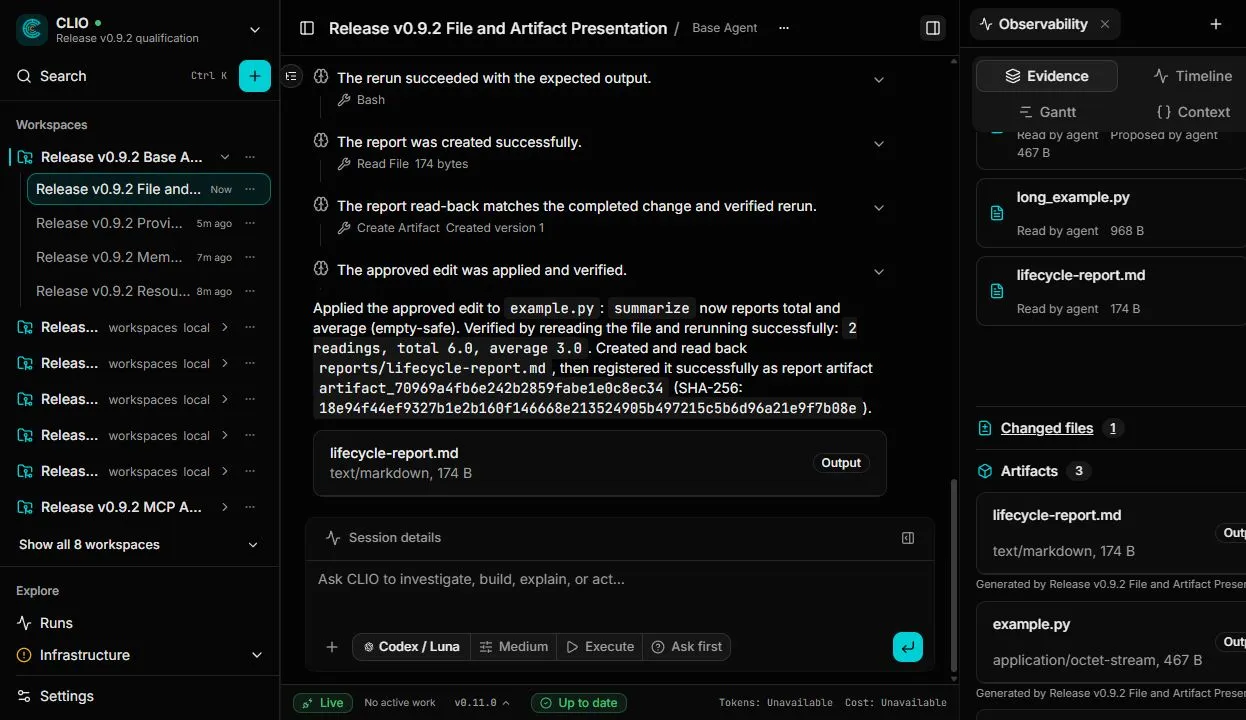 The Evidence tab of the observability panel, listing files the agent read, a changed file, and generated artifacts beside the session