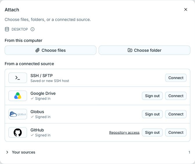 Attach shows local file choices, provider accounts, Connect buttons, and collapsed saved sources