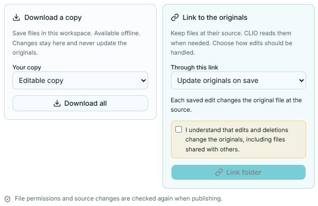 Update originals on save requires an acknowledgement before Link folder becomes available