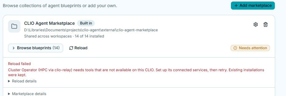 A reload failure names the blueprint missing connected tools and says existing installations were kept