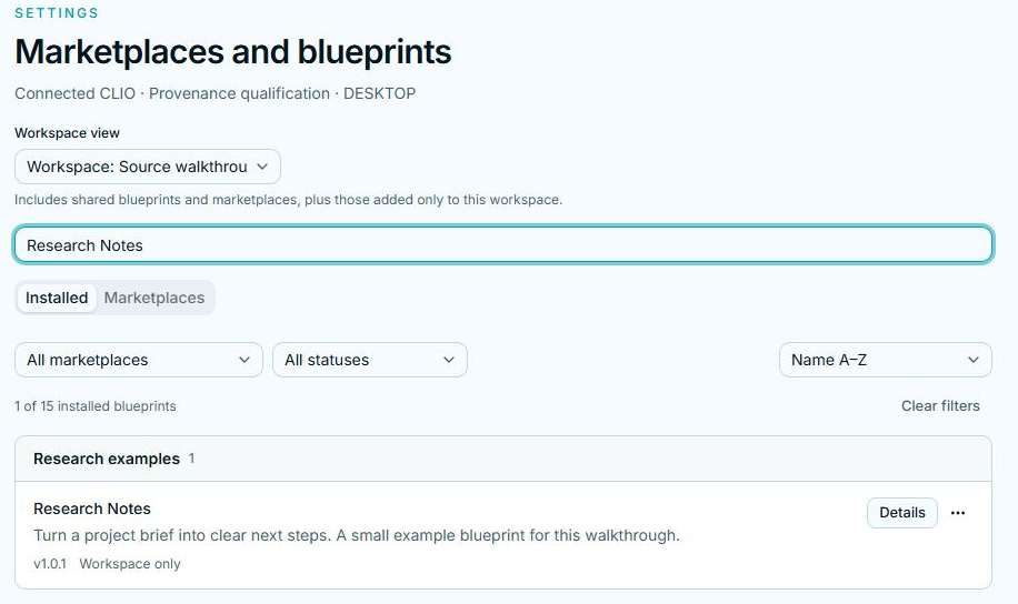 Research Notes is installed for Source walkthrough with a Workspace only label