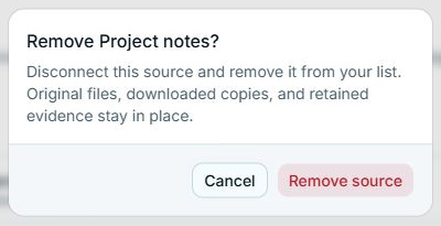 Remove Project notes confirmation explains that originals, downloads, and retained evidence remain
