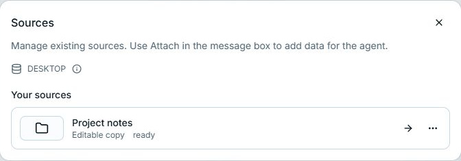 The Sources dialog lists Project notes with an editable copy ready