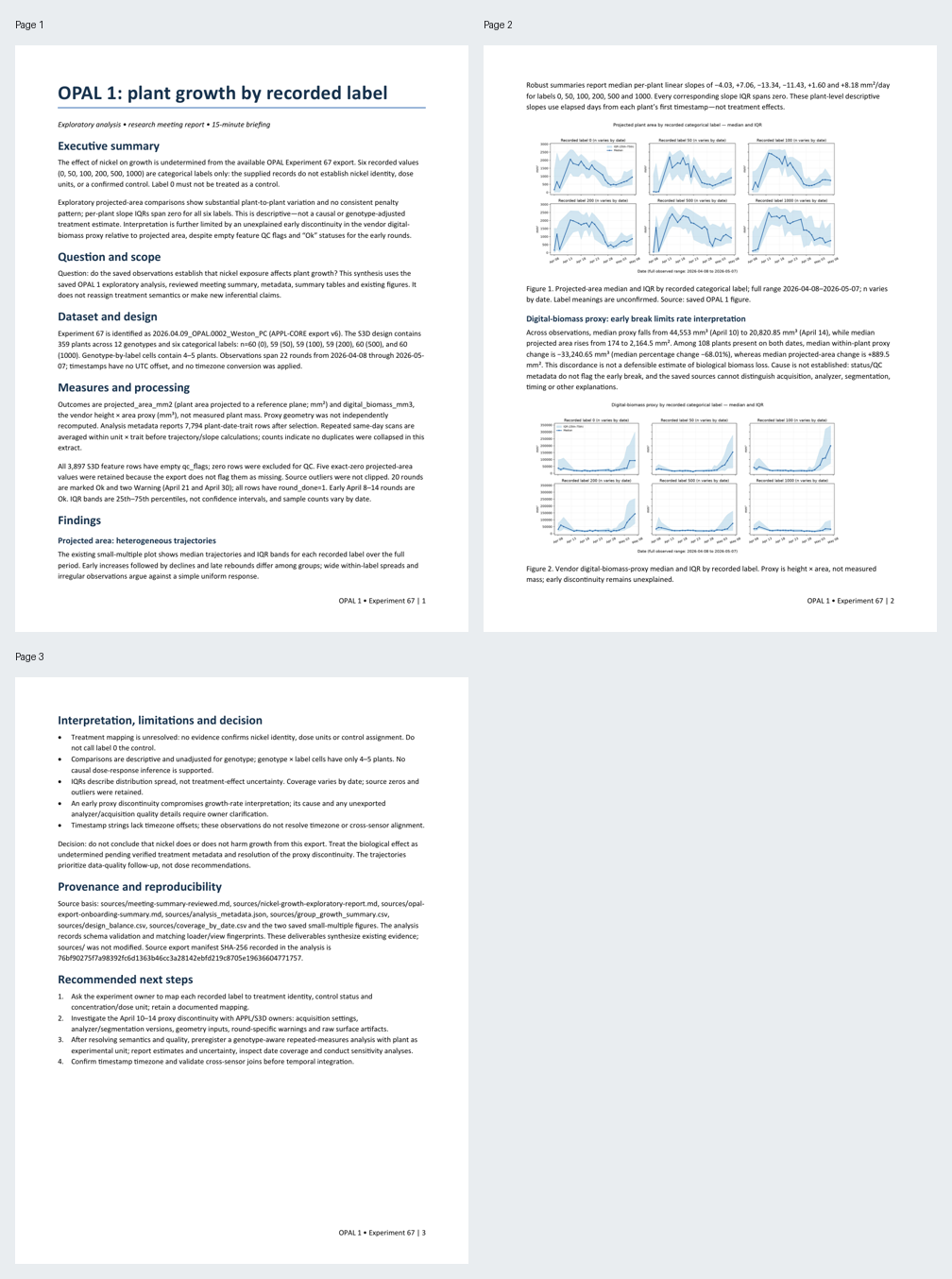 Three pages of the research report after layout corrections