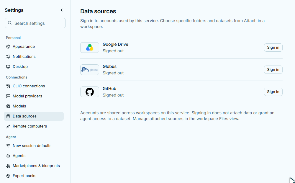 Data sources settings lists Google Drive, Globus and GitHub account sign-ins without a workspace picker or saved datasets